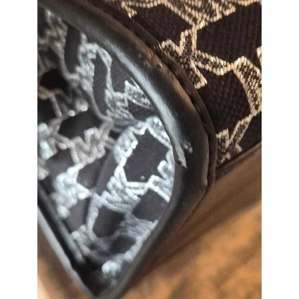 Michael Kors Large Tote Bag Black Silver MK Logo Jacquard Metallic Stripe